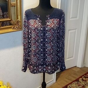 Women's Navy Floral Crochet Yoke Blouse